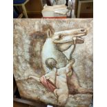 Original oil painting on canvas depicting nude Greek style Man with horse signed S Marcel .