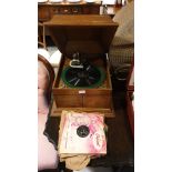 Fantastic Light Oak Cased Gramophone Complete with Winding Handle Working Order With Records .