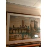 Victorian Watercolour large Impressive Castle And Cathedral Ruins Coach and Horses crossing the