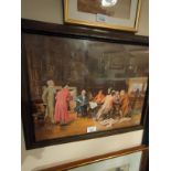 Victorian scene print of men at table in oak frame..