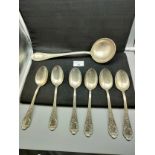 Kings pattern Heavy silver 800 grade contential large ladle together with set 6 of 800 grade