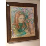 Large early pastel of a young girl set in a 1900s oak frame signed A Whitton .