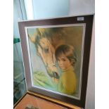 Retro mid century print depicting potrait of boy and horse signed