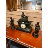 Beautiful Victorian Garniture of Slate mantel clock with Greek recumbent lady on stool complete with