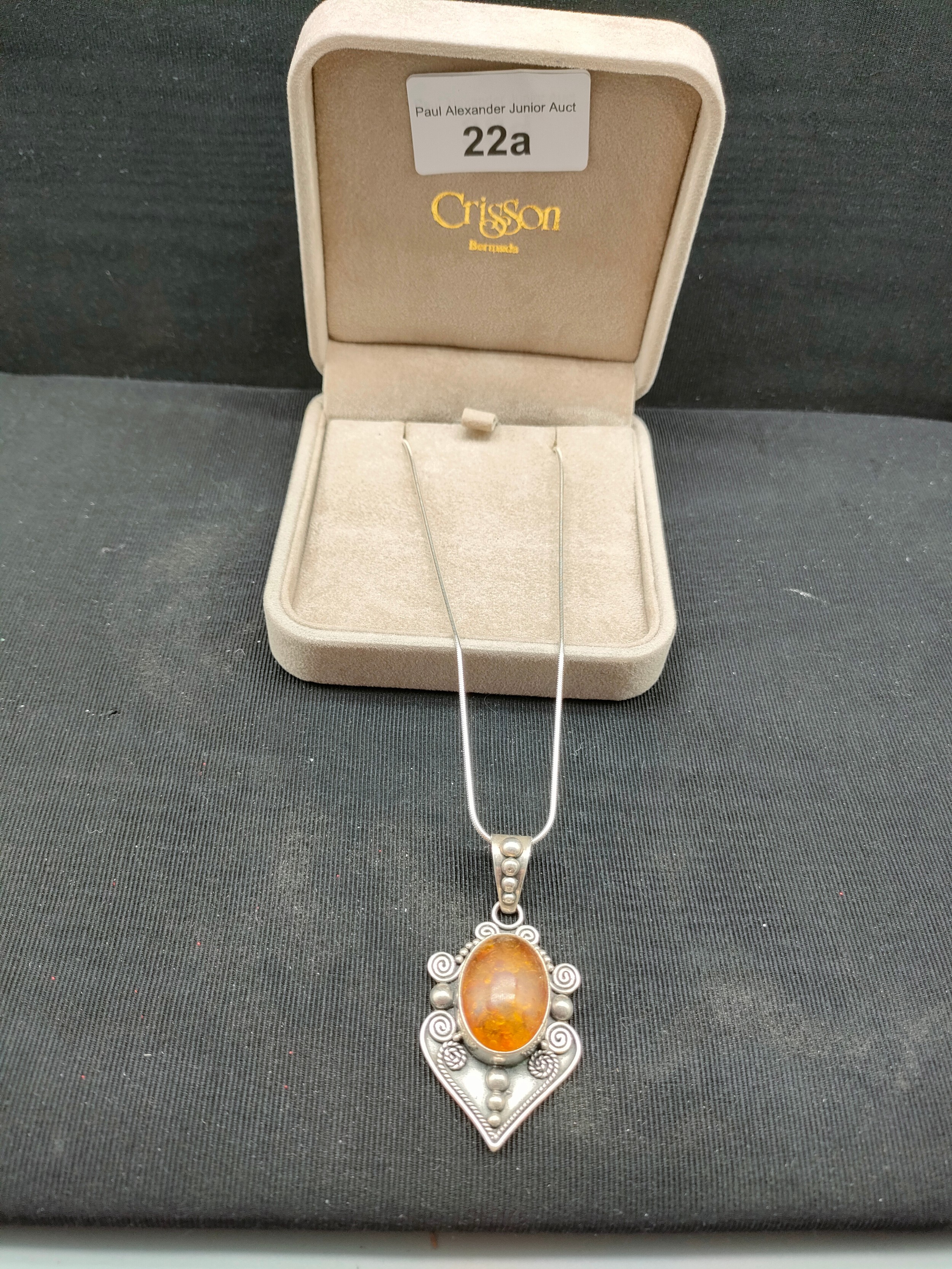 Good quality silver pendant with Baltic set amber stone on a silver chain . - Image 2 of 2