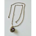 Long 9crt gold belcher chain no catch with a vintage glass ball pendant in multi colours.