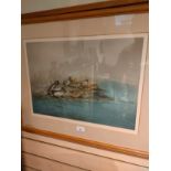 Large picture depicting group of ducks resting by the water signed and framed .