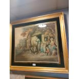 Beautiful Hand Tinted Etching in mirrored Style frame Surrounded by Large Gilt Frame .