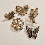 5 filigree vintage/antique mixed design brooches.