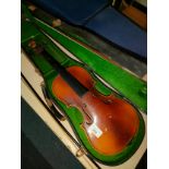 Antique violin with bow and hard case . Unlabelled.