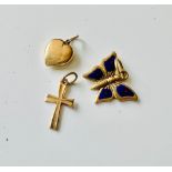 3 9crt gold pendants/charms, the butterfly has beautiful blue and red enamelled wings.