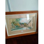 Large Original watercolour depicting street scene signed P Gillanders. Fitted with a heavy oak