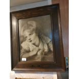 Victorian Print Girl with an Apple in Oak Frame.