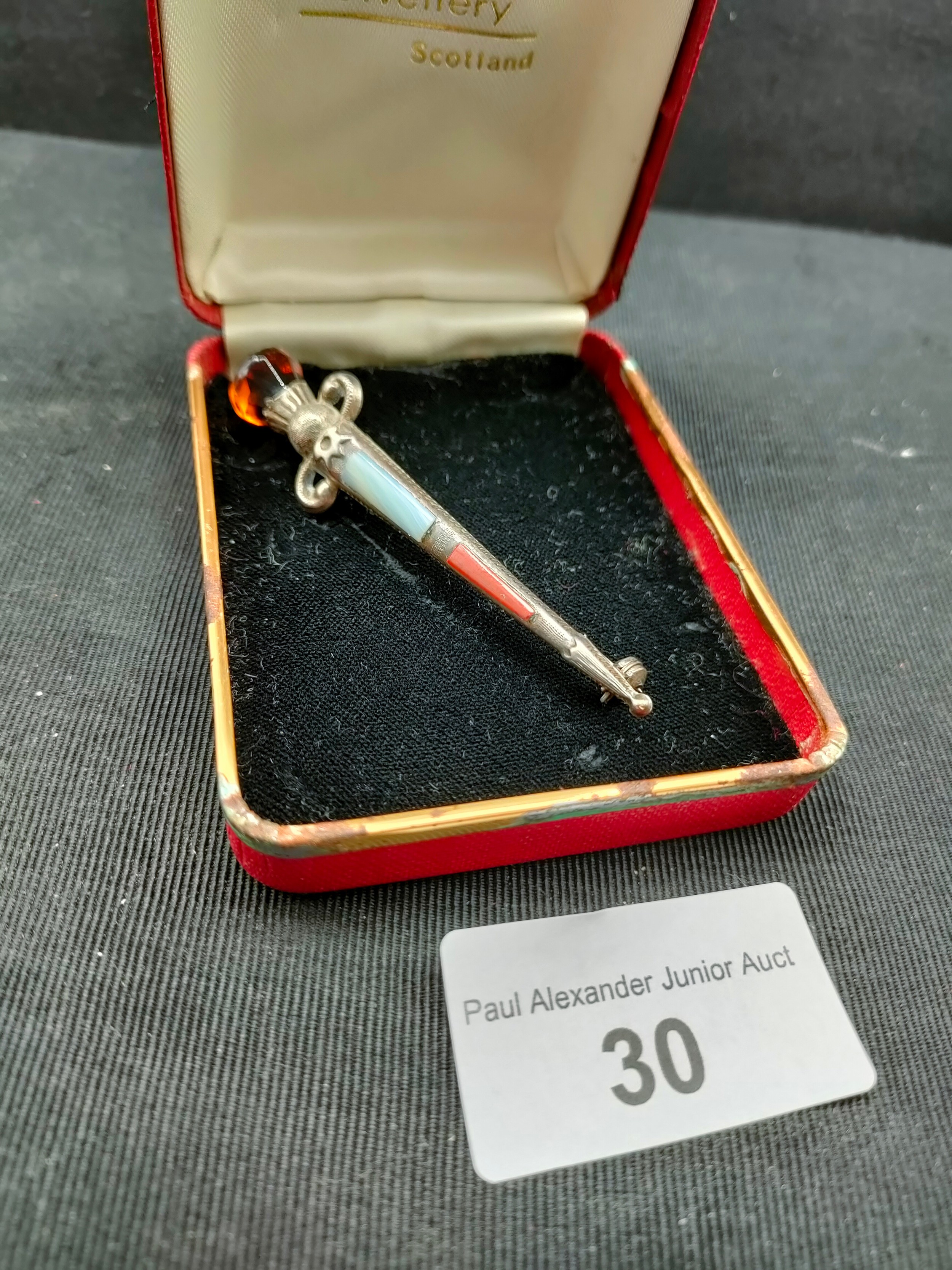 Scottish silver hall marked dagger brooch with agate stone makers Robert alison ( RA) - Image 2 of 3