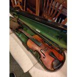 Antique violin the pinder school suite with coffin case with 2 bows .