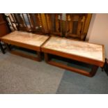 Pair of Quality Lou hodges style mid century coffee tables with slate insert in sleigh design .