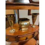 Pair of old brass trumpet vases together with heavy brass vase .