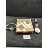 2 vintage watches , novelty bible ornament together with early brass 1800s spoons etc .