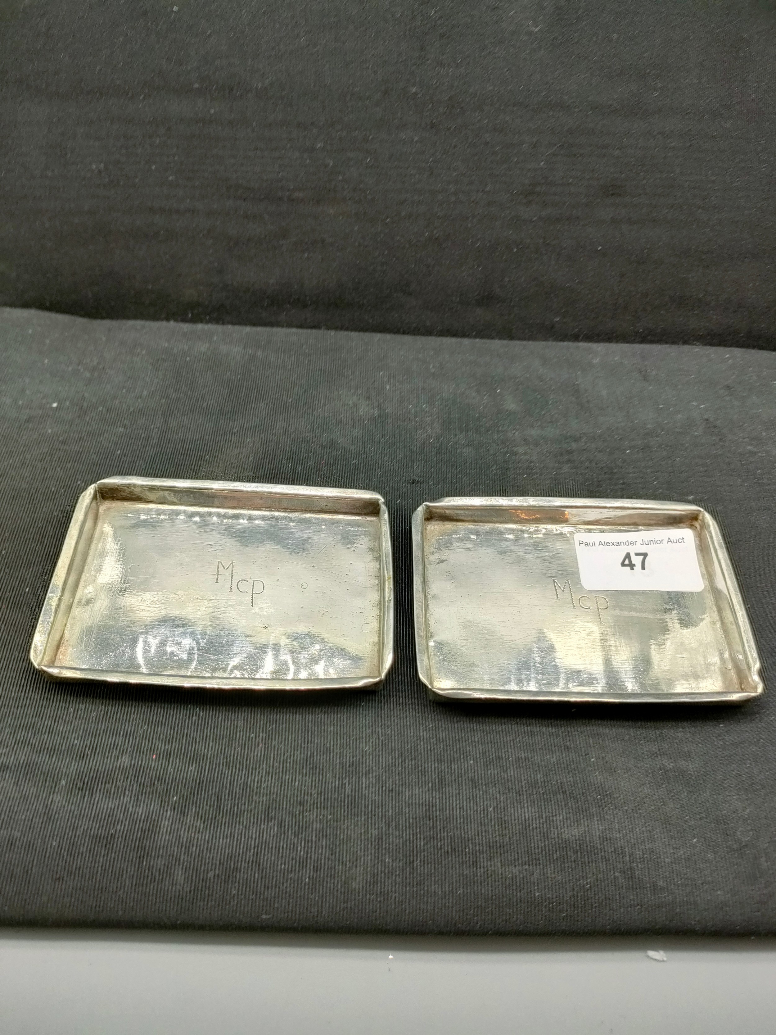 Pair of heavy indian silver card trays . 118 grams .