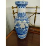 Large Oriental blue and white vase depicting pakoda scene vase .