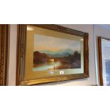 Large Gilt framed Oil Painting Cattle grazing at side of Loch with mountain Scene .