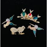 Lot of four bird design brooches.