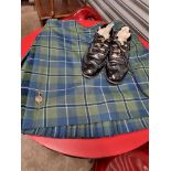 Scottish kilt together with silver Hallmarked kilt pin and brogue shoes and a army bag .