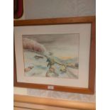 Water colour depicting winter farmer and sheep scene set in fitted framing