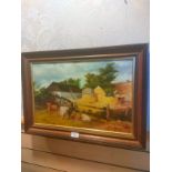Oil painting depicting cattle and farming scene signed B Crawford .