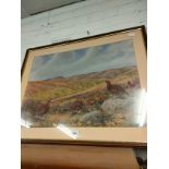 Large Scottish scene of grouse grazing picture set in a mahogany frame .