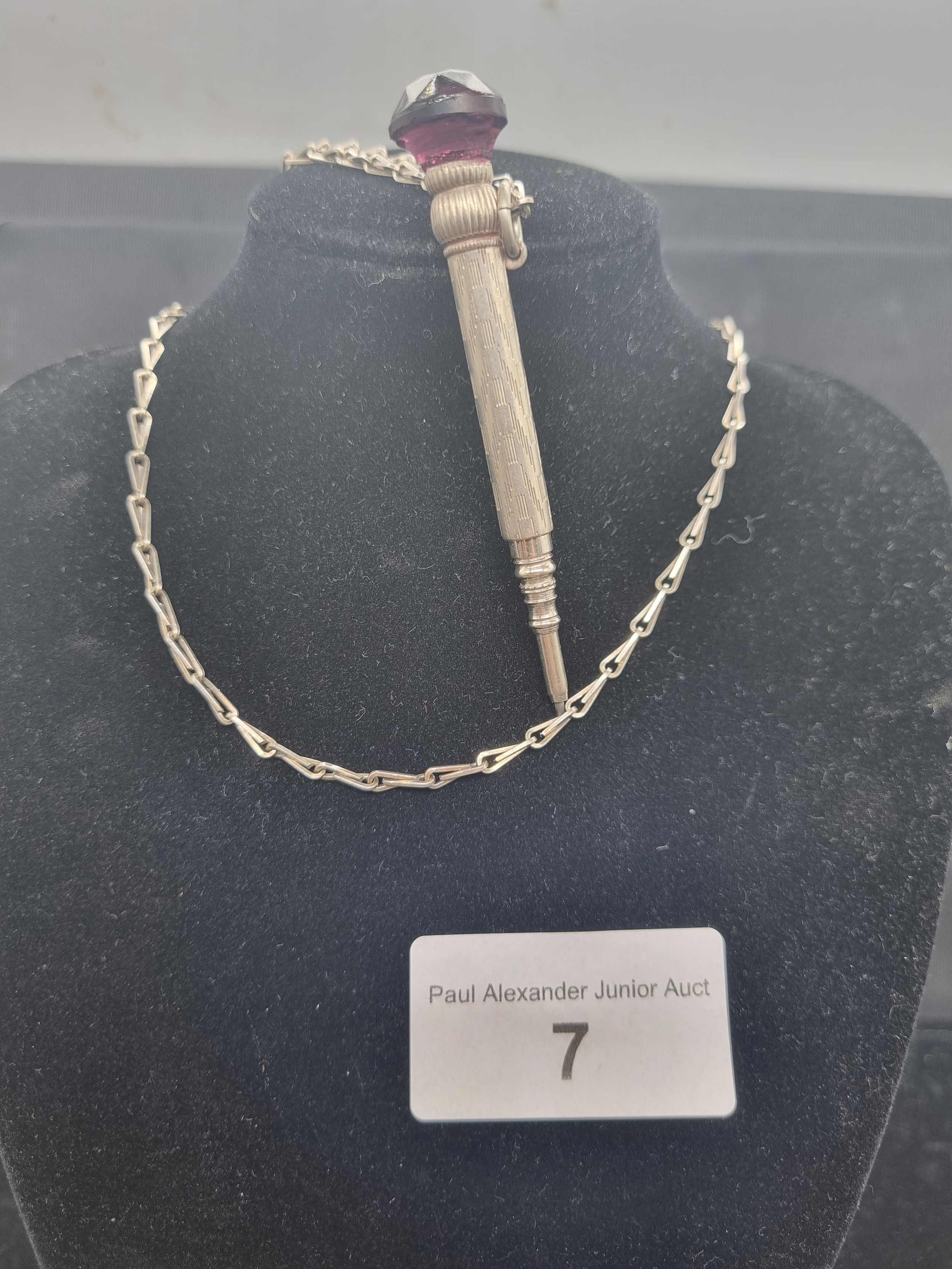 Silver propelling pencil with stone top with chain . - Image 2 of 2