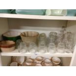 Shelf of vintage glass ware , jelly moulds etc.