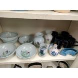 Shelf of Buchan pottery ware etc .