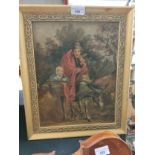 Oil painting of old lady on donkey with child in fitted gilt frame .