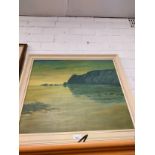 Oil painting of Scottish coastal scene set in mid century frame.