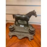 Bronzed Equestrian Desk Twin Ink Well Stand with Liners.