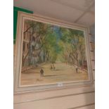 Large oil painting street scene signed P Scott set in mid century frame .