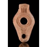 ROMAN POTTERY OIL LAMP WITH LARGE CROSS
