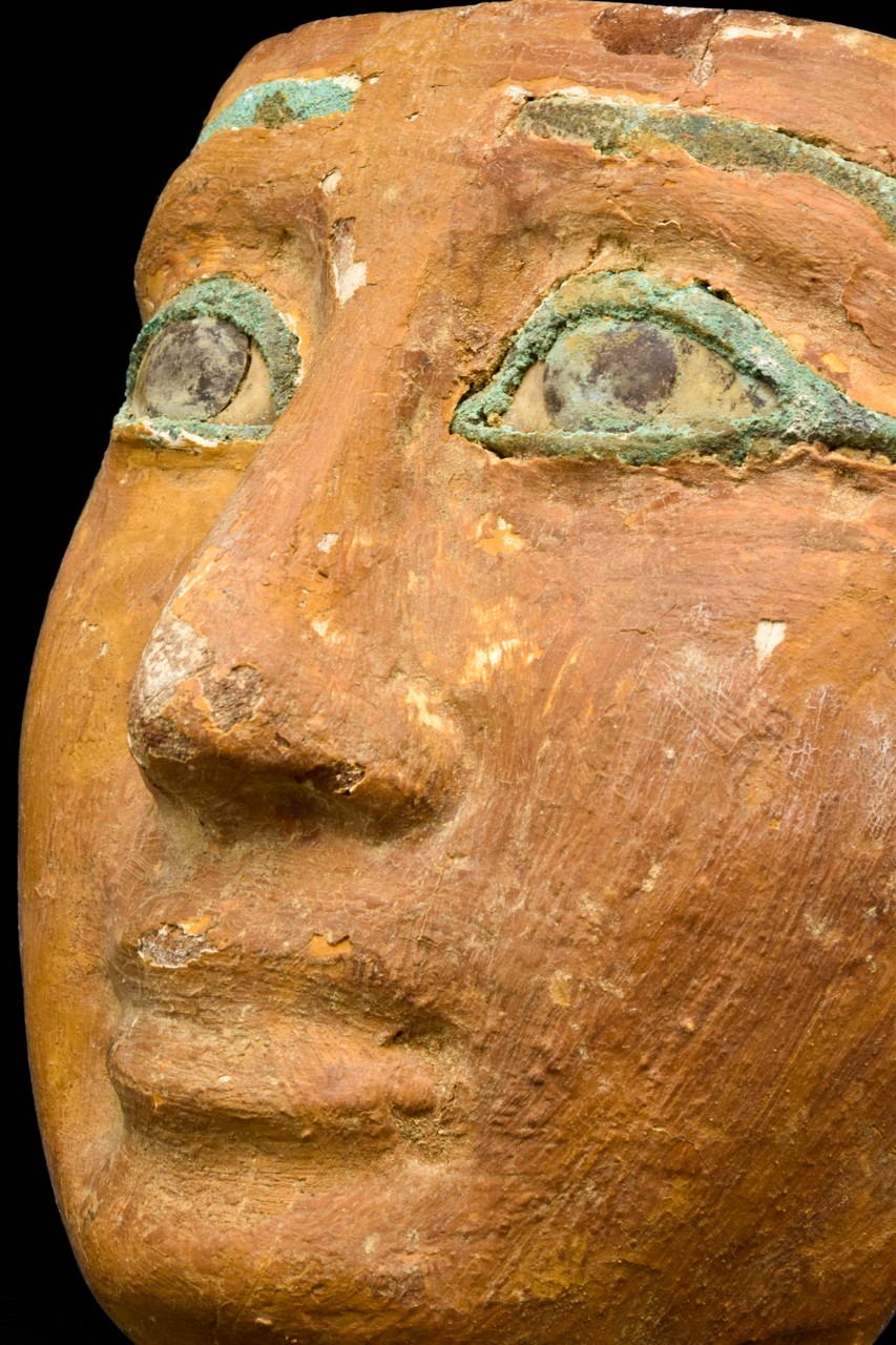 AN EGYPTIAN GESSO-PAINTED WOOD MUMMY MASK - Image 6 of 6