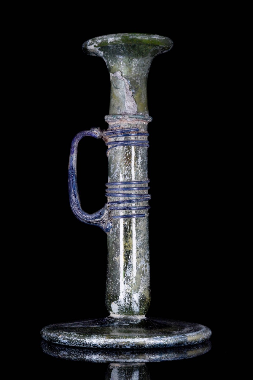 ROMAN GLASS CANDLESTICK UNGUENTARIUM WITH HANDLE - Image 3 of 7