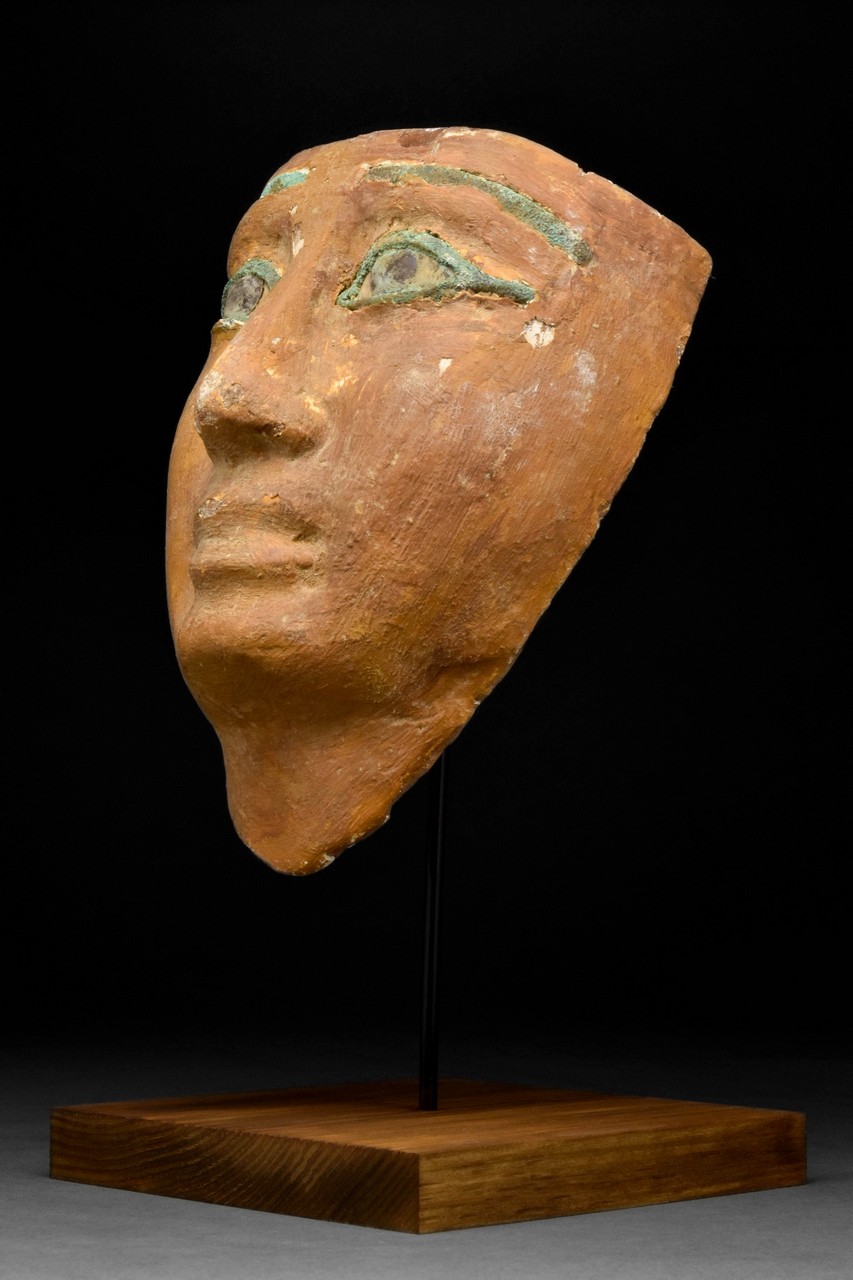 AN EGYPTIAN GESSO-PAINTED WOOD MUMMY MASK - Image 2 of 6