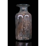 ANCIENT ROMAN OR BYZANTINE GLASS RIBBED FLASK WITH CROSS