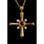BYZANTINE GOLD CROSS WITH EMERALD, PEARLS AND GARNET