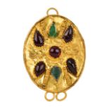 GREEK HELLENISTIC GOLD PENDANT WITH GARNETS AND EMERALDS