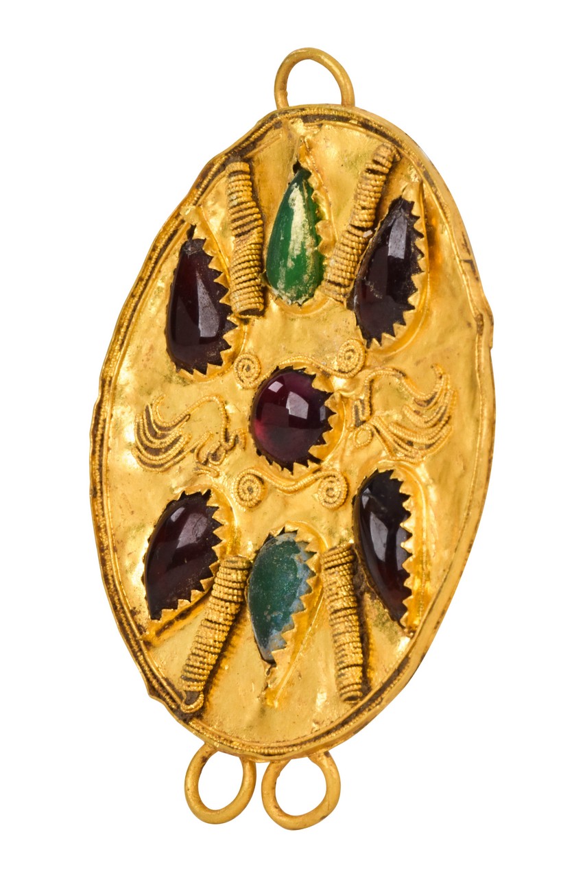 GREEK HELLENISTIC GOLD PENDANT WITH GARNETS AND EMERALDS - Image 2 of 4