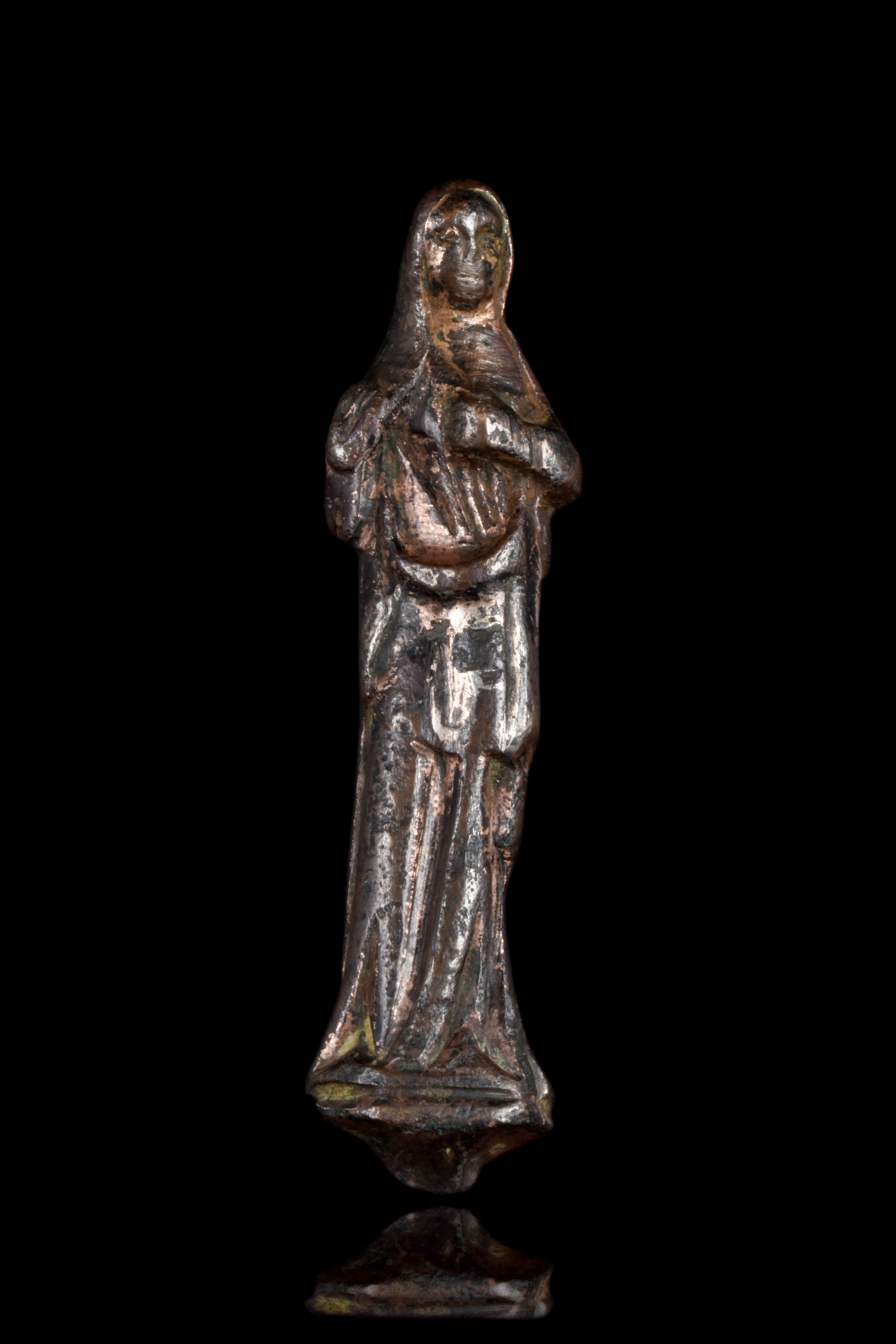 RARE MEDIEVAL LIMOGE GILDED BRONZE VIRGIN MARY FIGURE