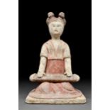 CHINESE TANG DYNASTY TERRACOTTA FEMALE SEATED MUSICIAN - TL TESTED