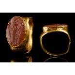 ROMAN CARNELIAN INTAGLIO OF CERES HOLDING CORNUCOPIA IN GOLD RING