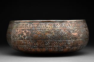QAJAR TINNED COPPER BOWL WITH HUNTING SCENE