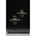 PAIR OF ROMAN BRONZE CHERUB HANDLES ON STAND